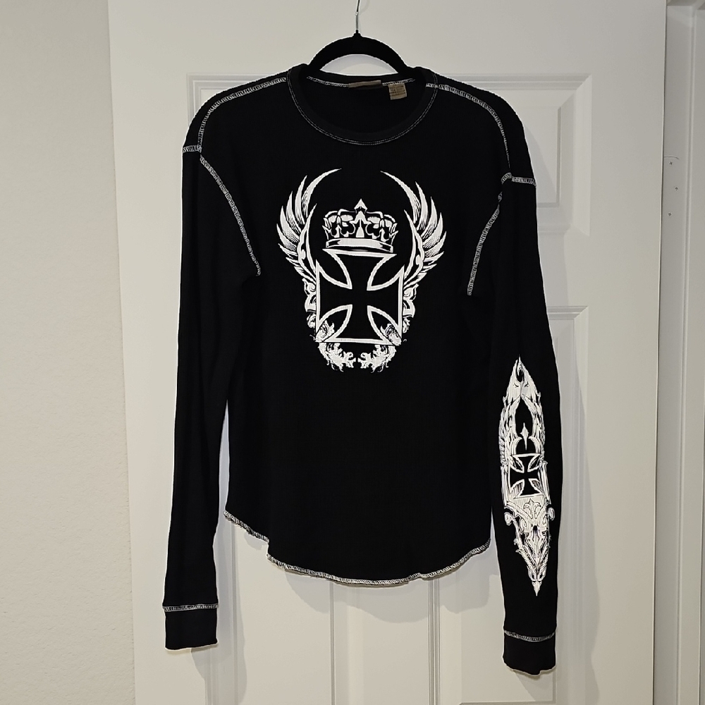 Y2K Men's Iron Cross w/Wings Waffle Knit Long Sleeve Shirt Size L Large